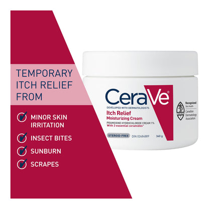 CeraVe Itchy Skin Relief Moisturizing Crean. For Dry & Itchy skin. Anti-itch cream for minor skin irritations, sunburn relief, insect bug bites & scrapes, 1% Pramoxine. Fragrance Free, 340g - Available at All In One Marketplace Canada