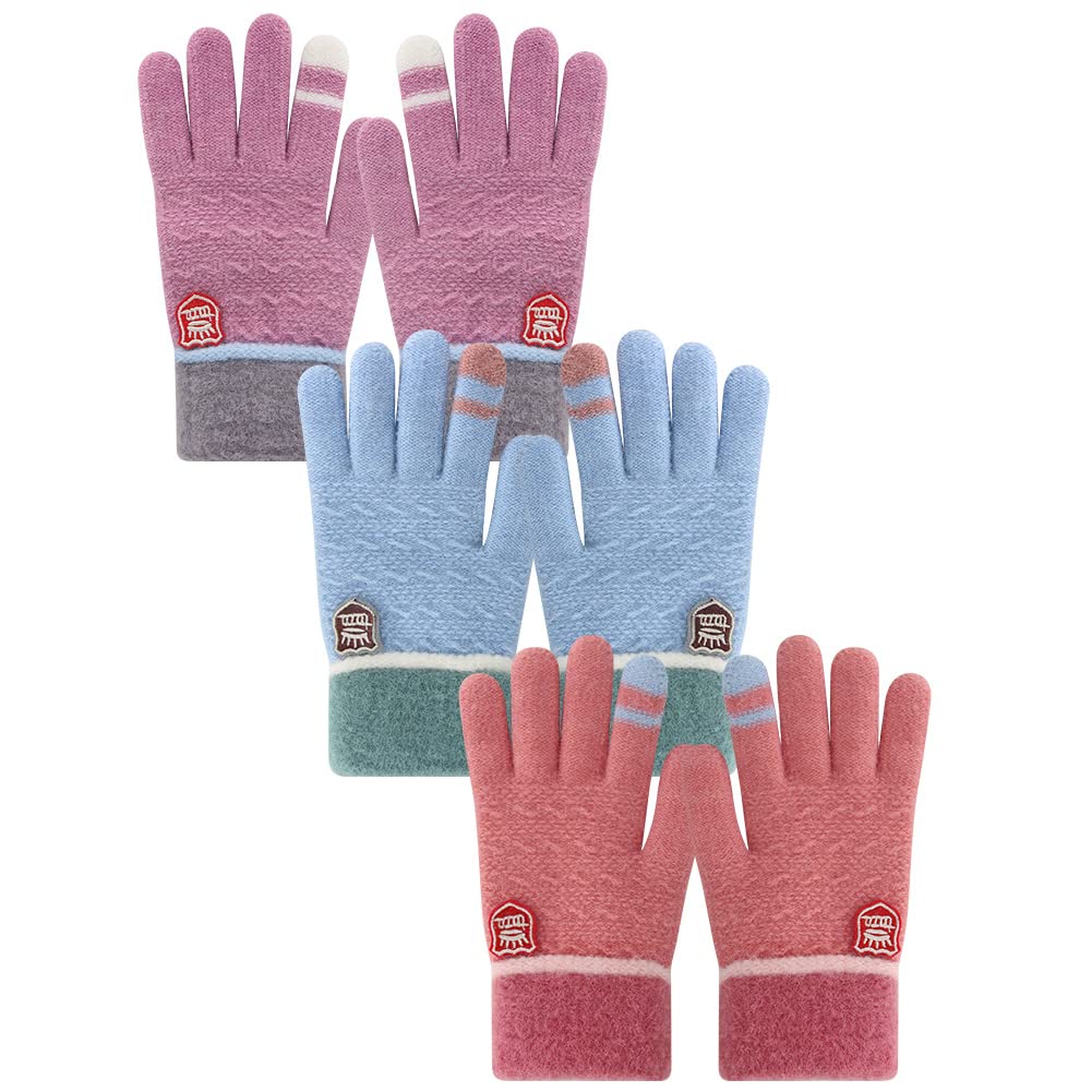 Winter Gloves for Toddler Kids - 3 Pairs Boys Girls Soft Warm Wool Lined Gloves Full Finger Children Thermal Knit Gloves (Pink/Sky-blue/Purple, 1-5 years old) 🍁 All In One Marketplace Canada