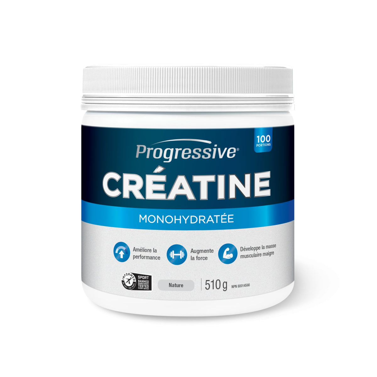 Progressive Creatine Monohydrate, Informed Sport Certified, Proudly Canadian Made, Improves Performance, Increases Strength, Builds Lean Muscle, Easy to dissolve, Gluten Free, No artificial flavours, Colours or Preservatives. 510 g - 100 Servings, Unflavo