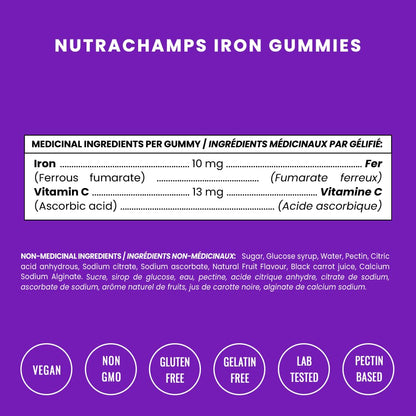 Iron Gummies with Vitamin C | 10mg Iron Per Gummy | Iron Supplements for Women & Men | Vegan Gummies | Blood Cell Formation Support | Energy, Focus, Immune Support | Vegan & Non-GMO (1) - Available at All In One Marketplace Canada