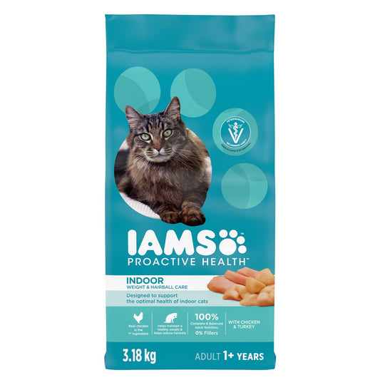 IAMS Proactive Health Indoor Weight & Hairball Care Adult Dry Cat Food – Chicken & Turkey – 3.18KG (7LB) Bag