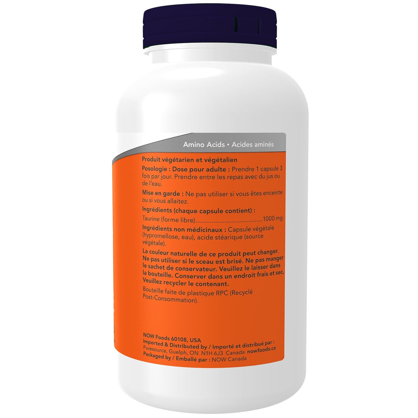 NOW Supplements, Taurine 1,000 mg, Double Strength, Nervous System Health, 250 Veg Capsules NOW