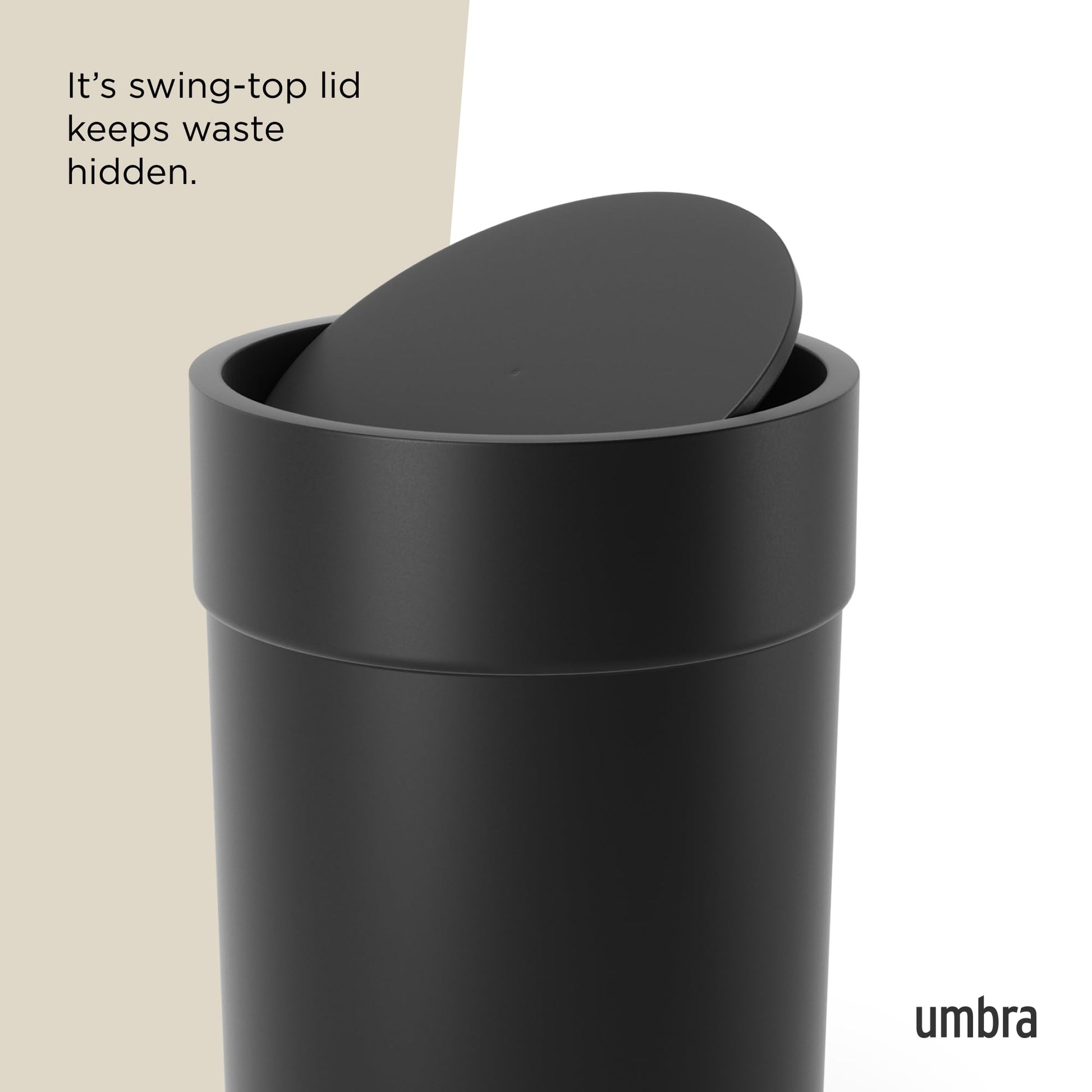 Umbra Touch Trash Can, Small 1.6-Gallon Garbage Bin with Swing Lid, Waste Basket for Bathroom or Office, Black Umbra