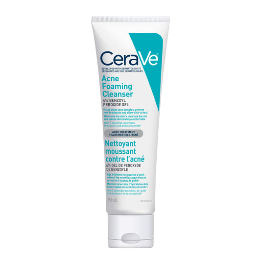 CeraVe 4% Benzoyl Peroxide Acne Treatment Foaming Cleanser Face & Body Wash, with Hyaluronic Acid and Niacinamide. Helps Clear Acne Pimples and prevent breakouts. Gentle Gel, Fragrance-Free, 150ML