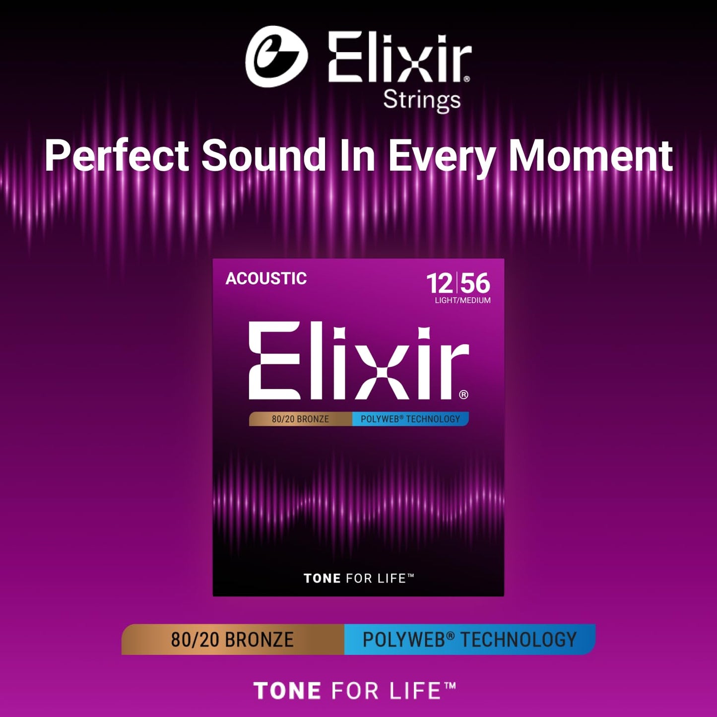 Elixir 80/20 Bronze Acoustic Guitar Strings with Polyweb Coating - Light-Medium 12-56