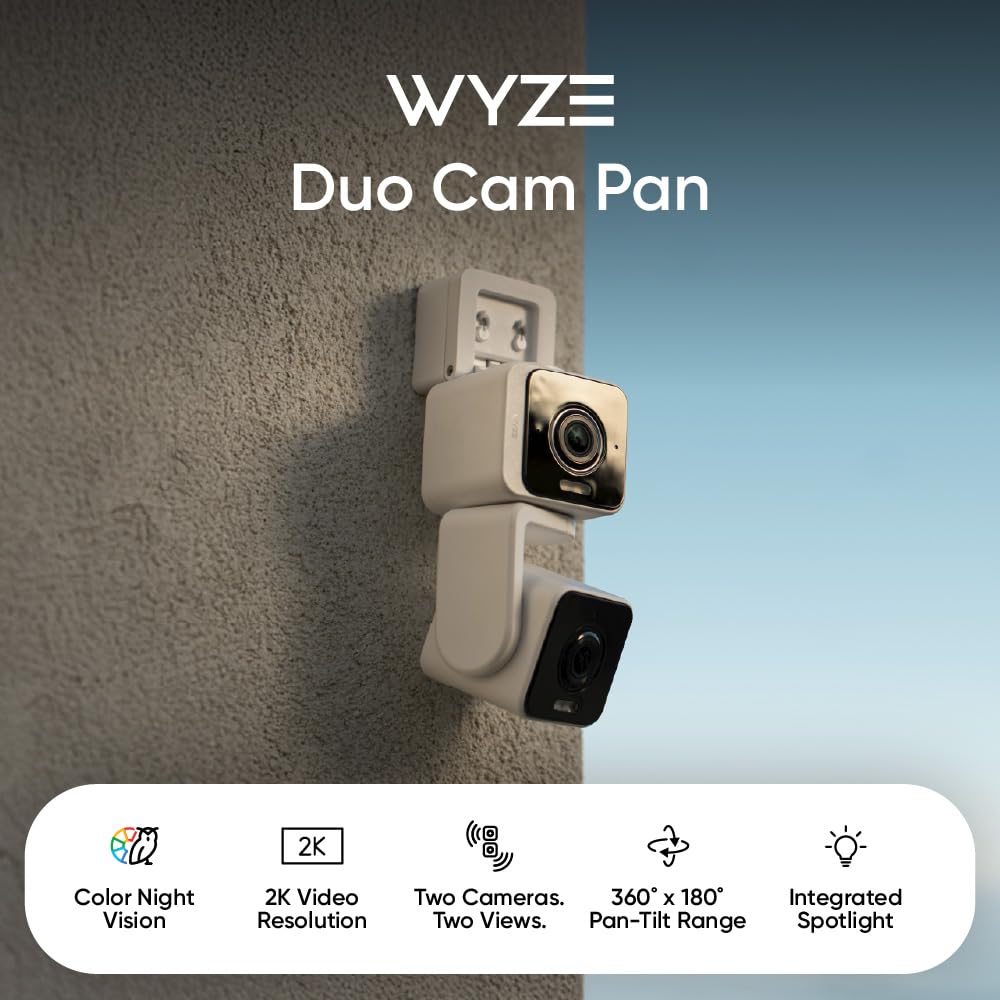 Wyze Pan Cam Duo Indoor/Outdoor IP65 2K 360° Pan/Tilt/Zoom Smart Home Security Camera with Color Night Vision, Works with Alexa & Google Assistant, White WYZE