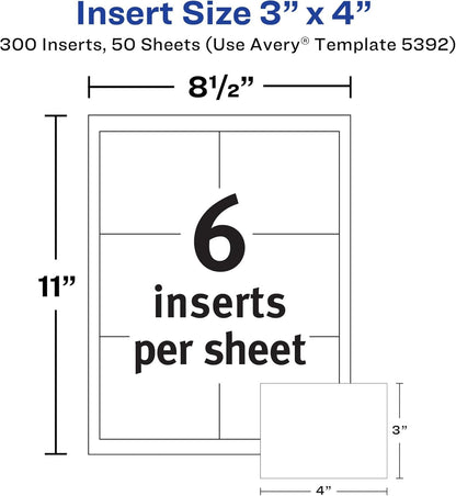 Avery Name Badge Inserts, 3" x 4", Print or Write, for Laser/Inkjet Printers, 300 Name Badge Insets, White (5392) Avery