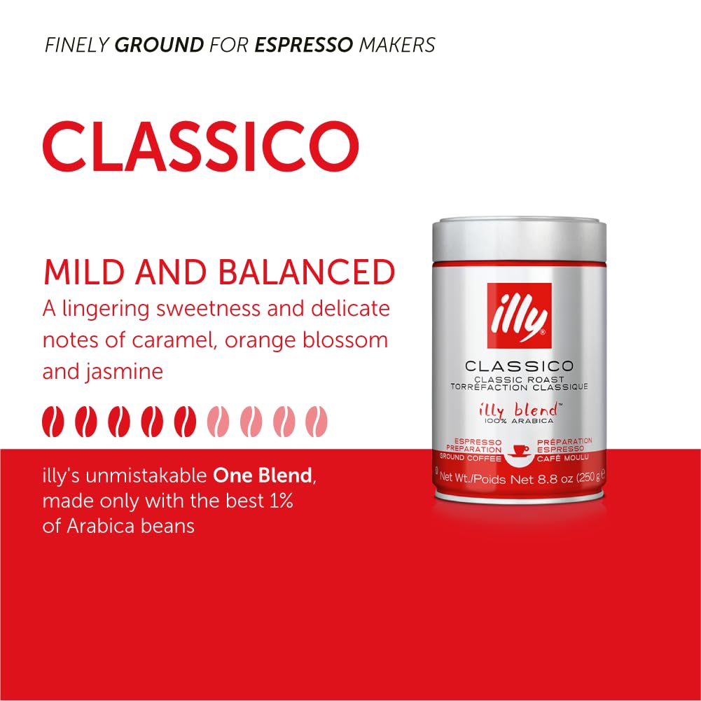illy Classico Medium Roast Ground Espresso – 100% Arabica with Caramel, Orange Blossom & Jasmine Notes – 250g
