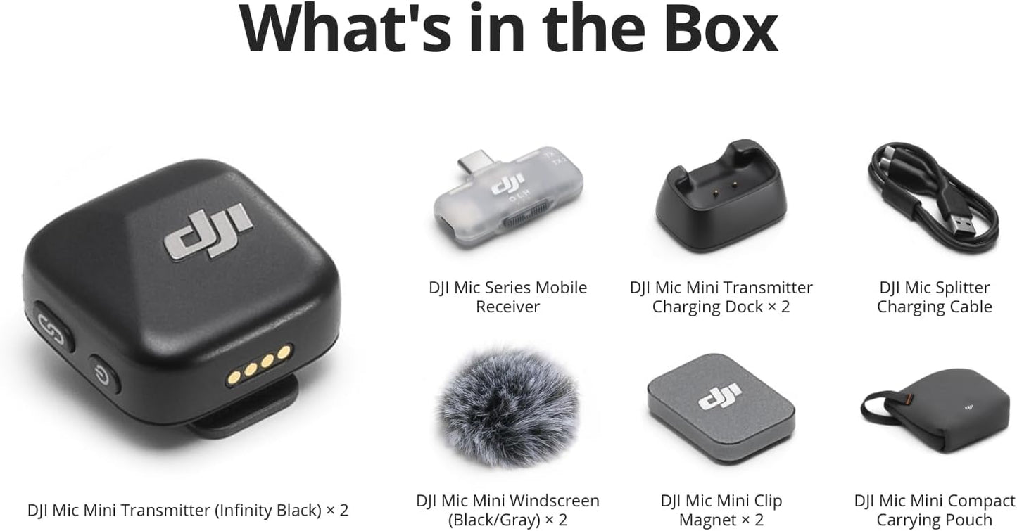 DJI Mic Mini (2 TX + 1 Mobile RX), Wireless Microphone for iPhone/Android, Plug and Play, Compact & Lightweight, Cross-Model Pairing, Premium Audio, Stable Transmission, Noise Cancelling