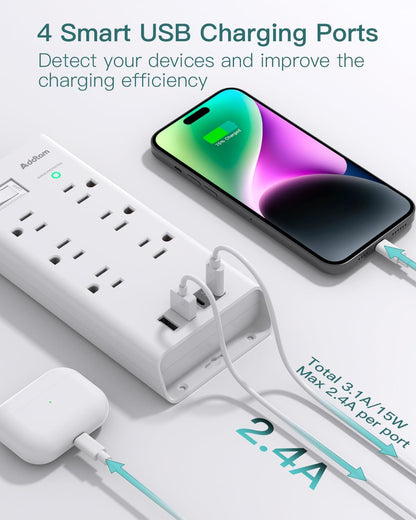 Power Strip Surge Protector - Addtam 10Ft Long Extension Cord with 6 Outlets and 4 USB Ports(2USB C), Flat Plug Overload Surge Protection Outlet Strip, Wall Mount for Home, Office and More