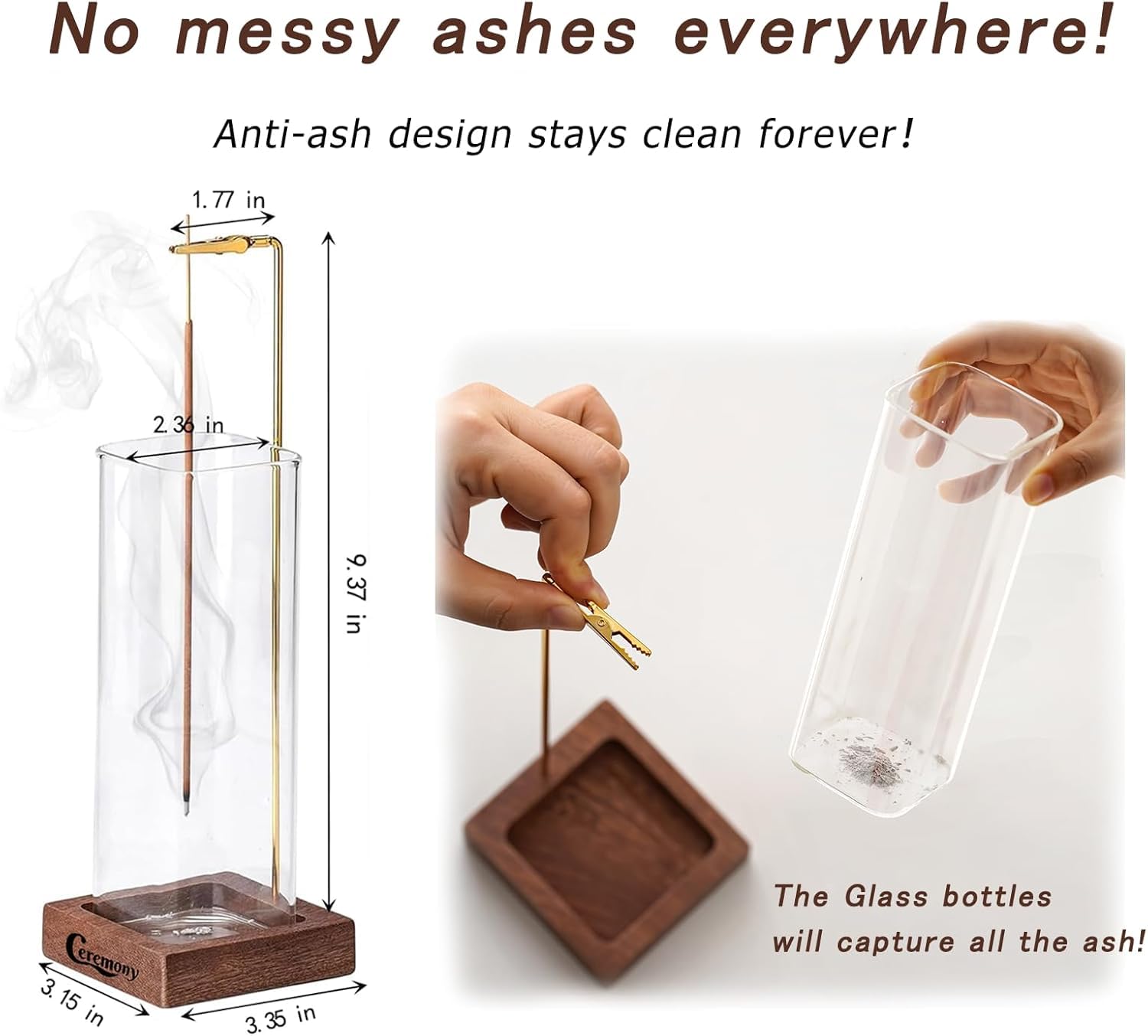 Ceremony Incense Holder, Wooden Incense Holder for Sticks with Glass Ash Catcher, Anti-ash Incense Burner with a Ash Brush for Meditation Yoga Spa Room Decor - Available at All In One Marketplace Canada