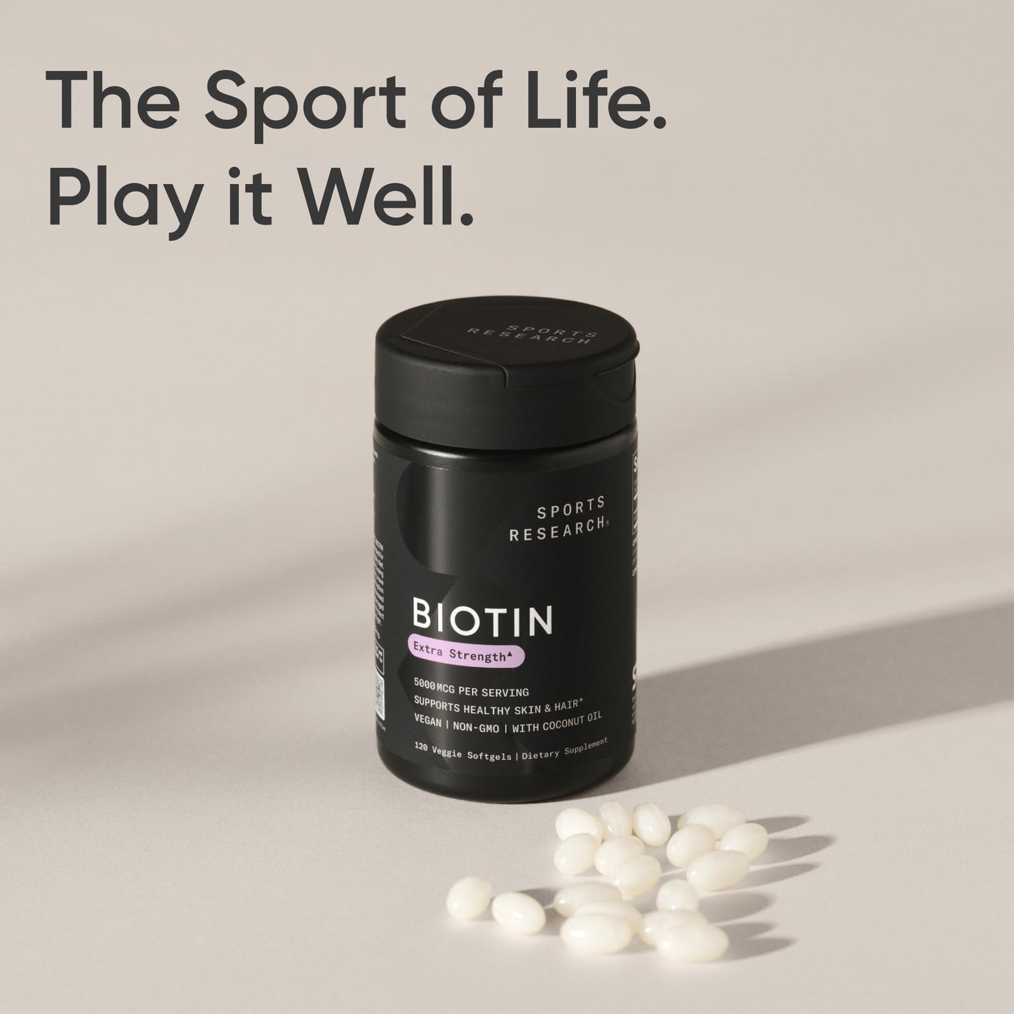 Sports Research® Extra Strength Vegan Biotin 5,000mcg with Organic Coconut Oil - Helps to Maintain Healthy Hair, Nails and Skin - Great for Women & Men - 120 Veggie Softgels - Available at All In One Marketplace Canada