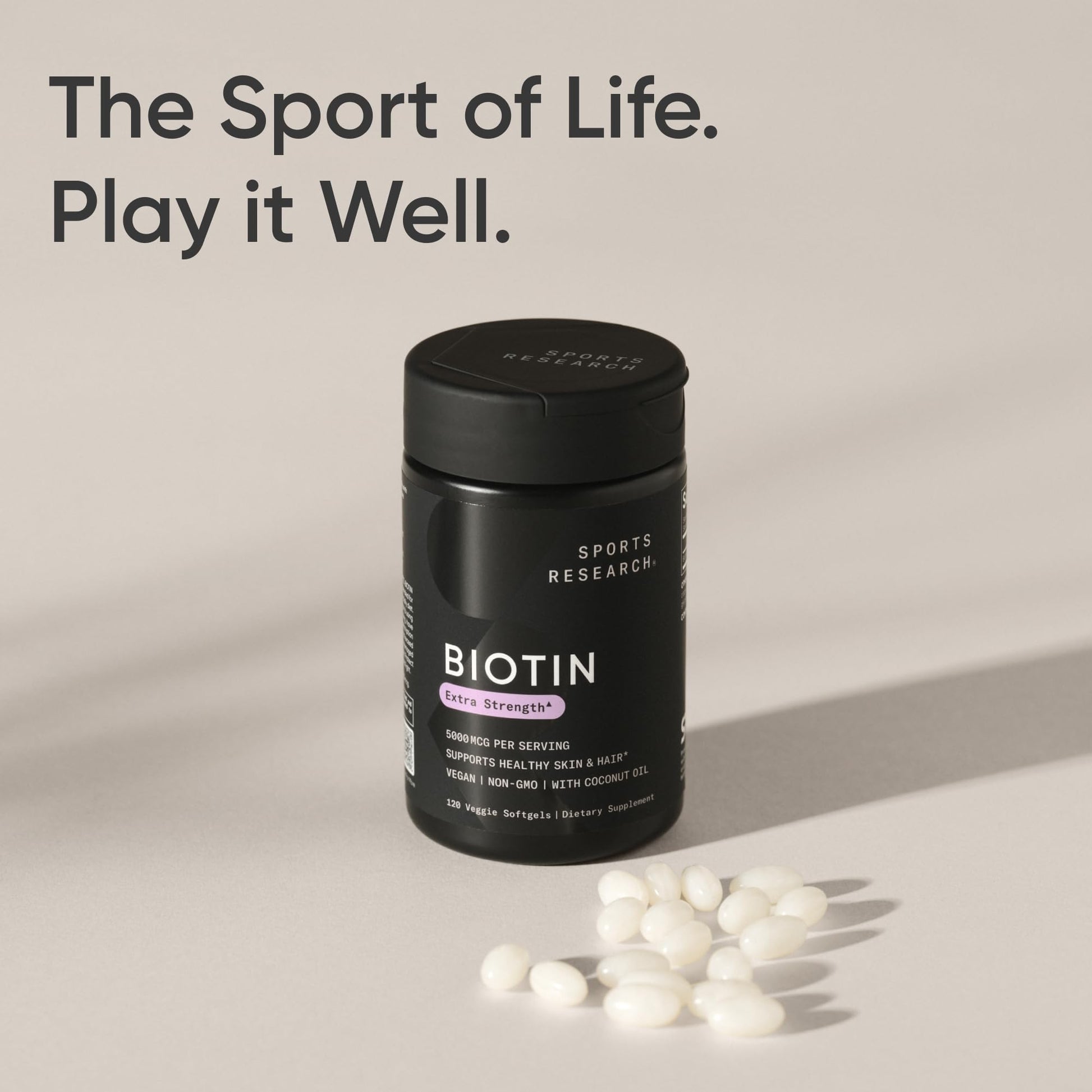 Sports Research® Extra Strength Vegan Biotin 5,000mcg with Organic Coconut Oil - Helps to Maintain Healthy Hair, Nails and Skin - Great for Women & Men - 120 Veggie Softgels - Available at All In One Marketplace Canada