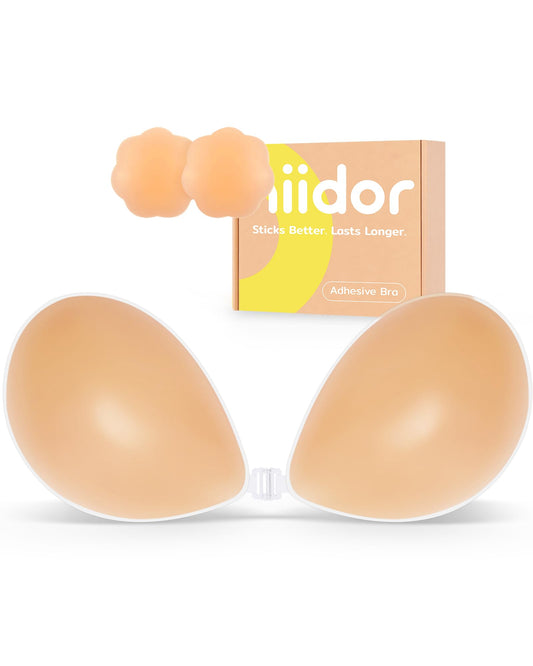 Niidor Adhesive Bra Sticky Strapless Backless Invisible Push up Silicone Bra for Women with Nipple Covers Creme A