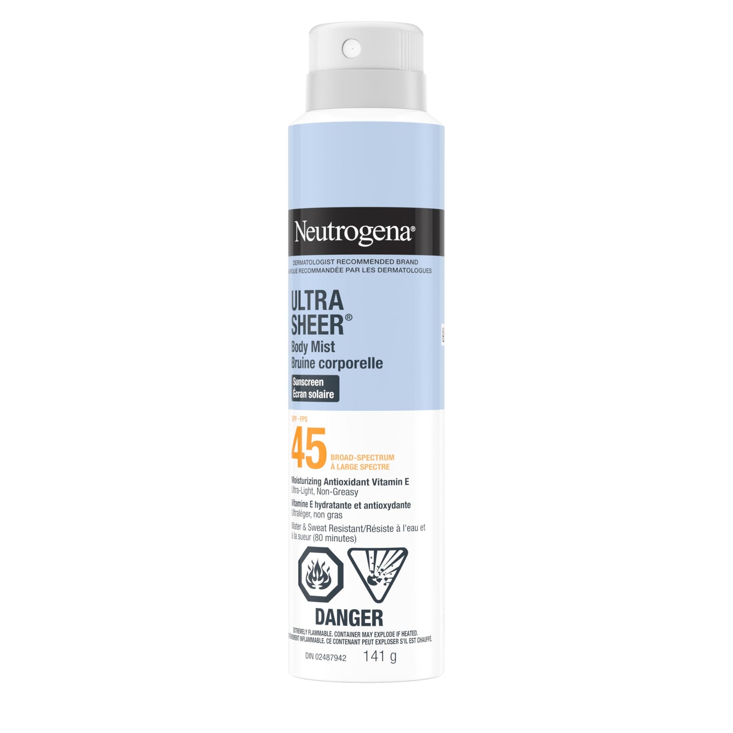 Neutrogena Ultra Sheer Body Mist Sunscreen Spray SPF 45 for UVA/UVB Broad Spectrum Sun Protection, Lightweight, Water-Resistant, Oil-Free & Non-Comedogenic, Oxybenzone-free, 141g