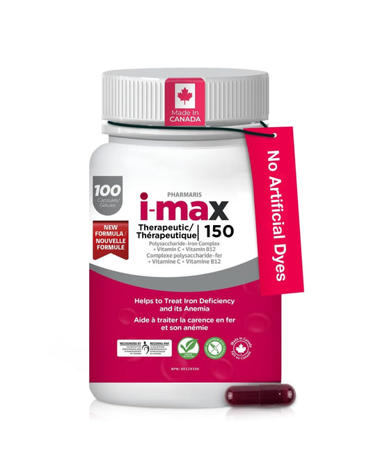 Pharmaris i-max Polysaccharide Iron Complex, 150 mg Elemental Iron Supplement for Treatment and Prevention of Iron Deficiency Anemia, 250 mg Vitamin C, 1000 mcg Vitamin B12, No Artificial Dyes, Vegan, 100 Capsules - Available at All In One Marketplace Canada