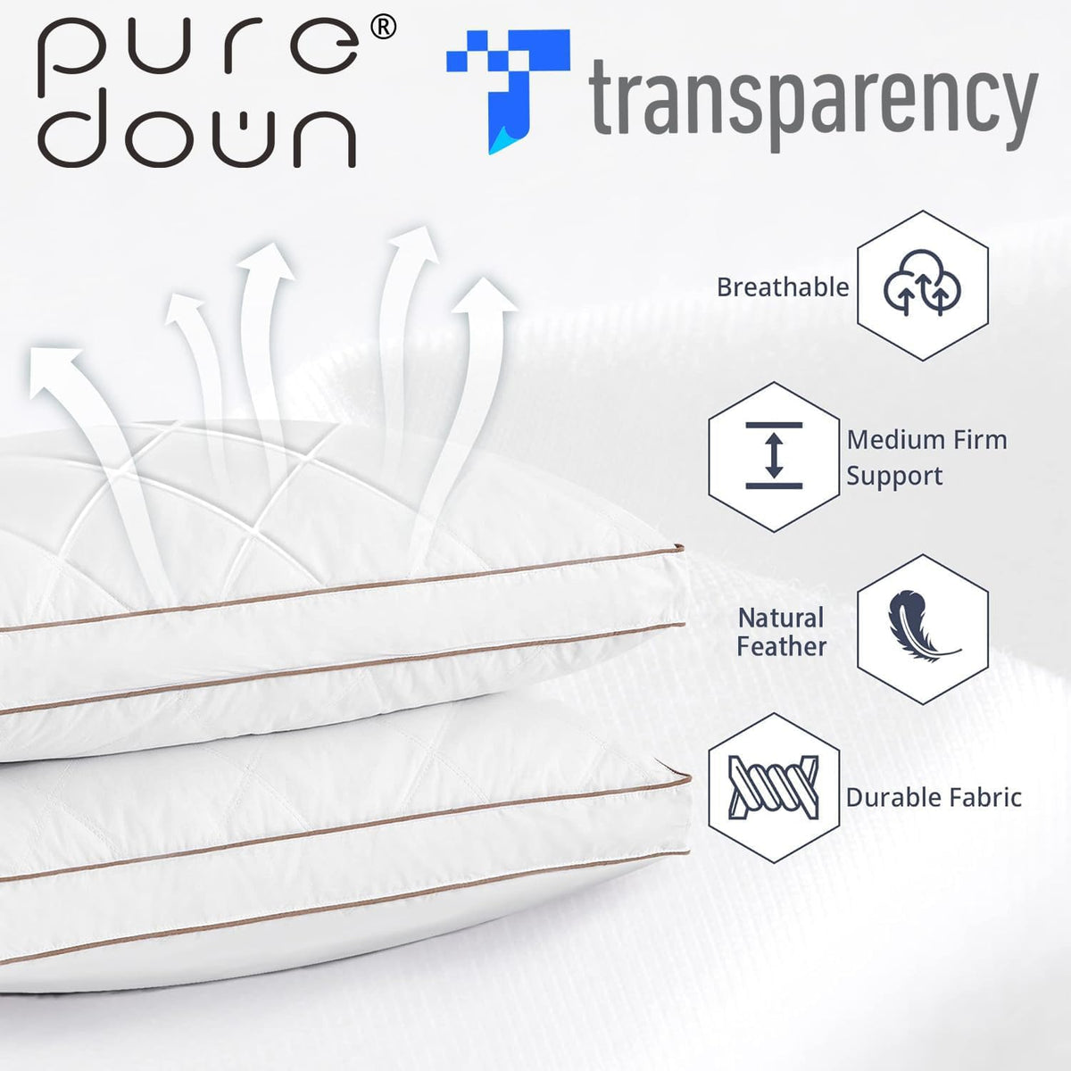 Puredown® Goose Feather Down Pillows for Sleeping, Gusseted Bed Hotel Pillows Standard Size Set of 2 with 100% Cotton Fabric