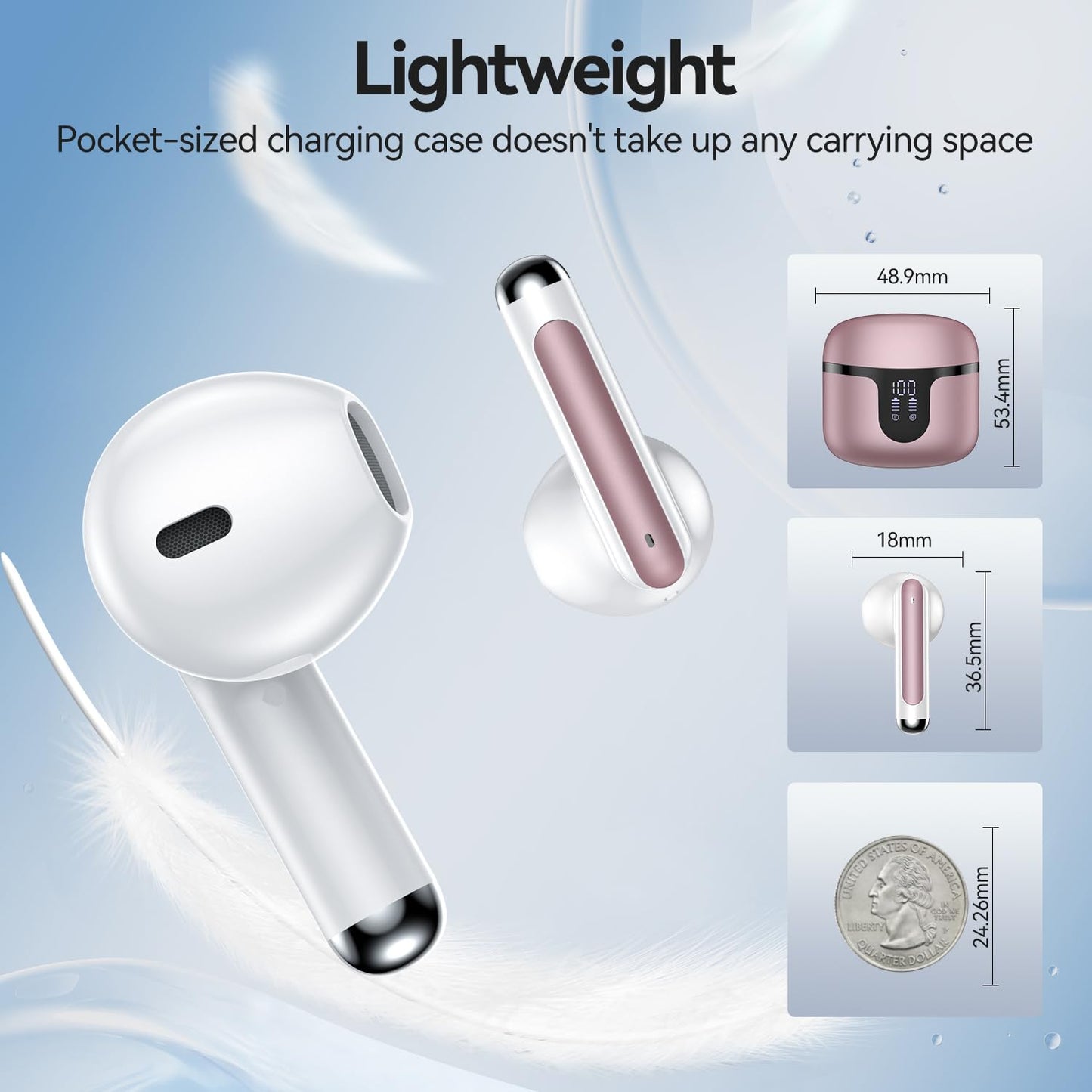 Wireless Earbuds, Bluetooth 5.4 in-Ear Headphones Wireless Bluetooth with ENC 4 Mics, Bluetooth Earbuds 50 Hour Noise-Cancelling Ear Buds with LED Indicator, IPX7 Waterproof for Sports/Work Rosa Gold