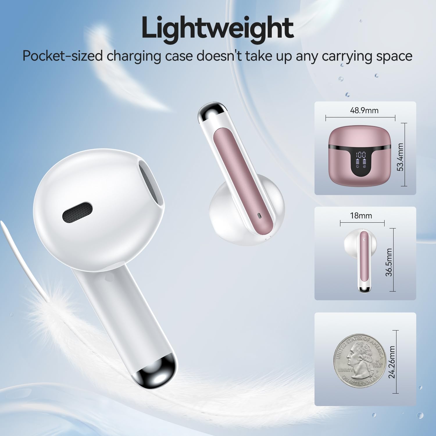 Wireless Earbuds, Bluetooth 5.4 in-Ear Headphones Wireless Bluetooth with ENC 4 Mics, Bluetooth Earbuds 50 Hour Noise-Cancelling Ear Buds with LED Indicator, IPX7 Waterproof for Sports/Work Rosa Gold