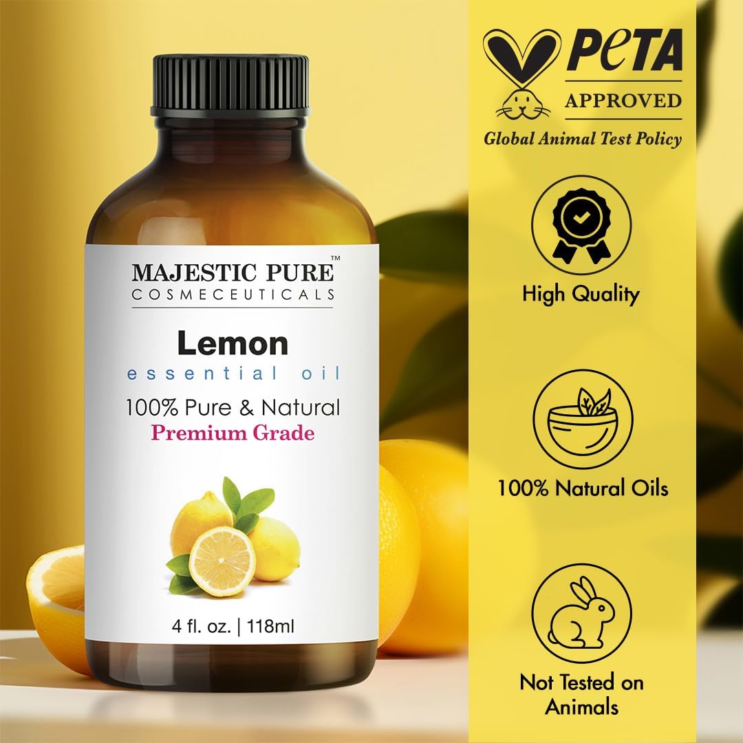 Majestic Pure Lemon Essential Oil - Huge 118 ml - 100% Pure and Natural Oil for Soap Making Scent- Premium Grade with Glass Dropper