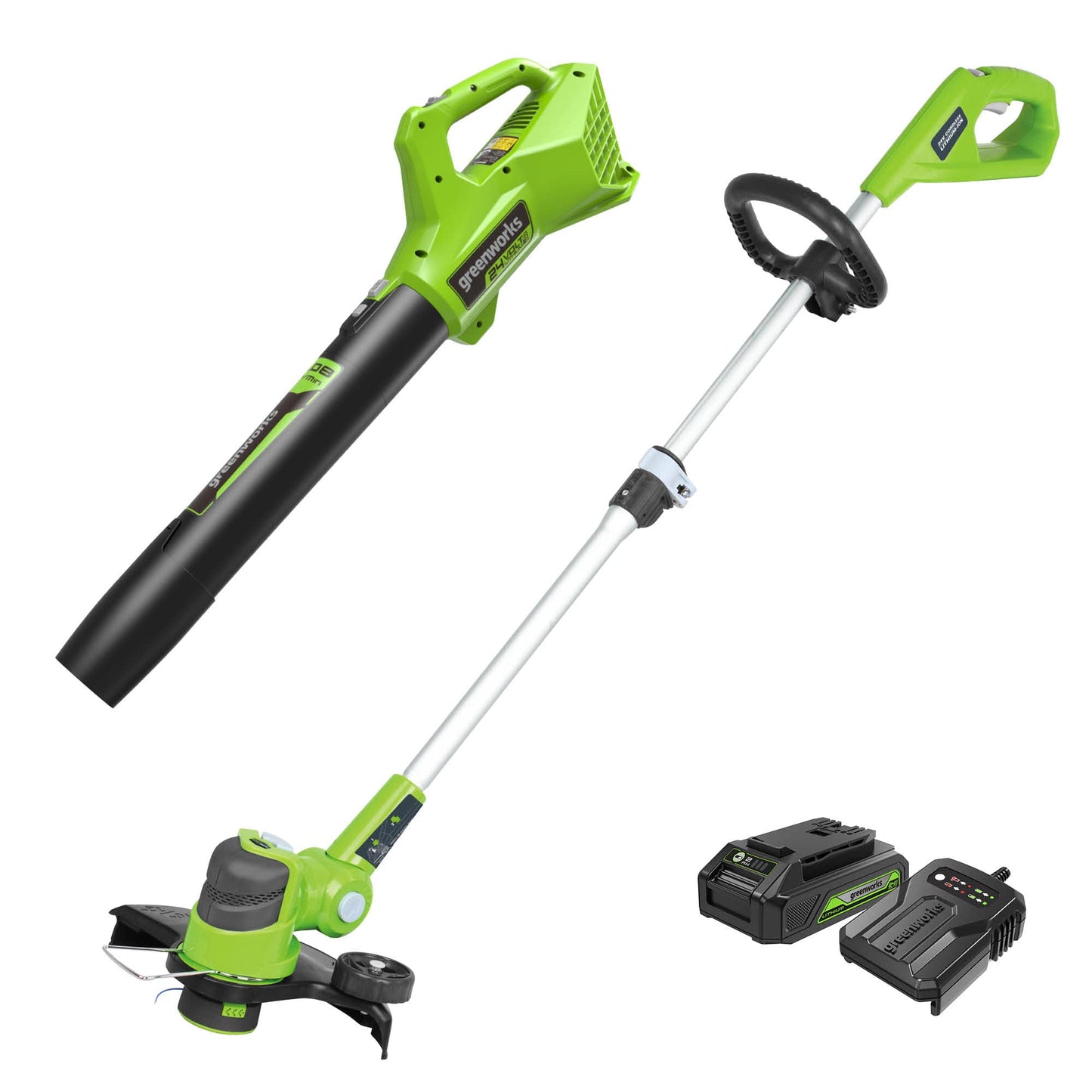 Greenworks 24V 12" Cordless String Trimmer and Blower Combo Kit, 2Ah USB Battery and Charger Included Greenworks