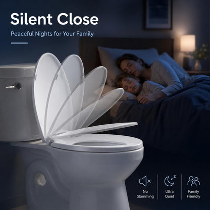 Elongated Toilet Seat, Not Round, Slow Close, White Plastic, 18.5”