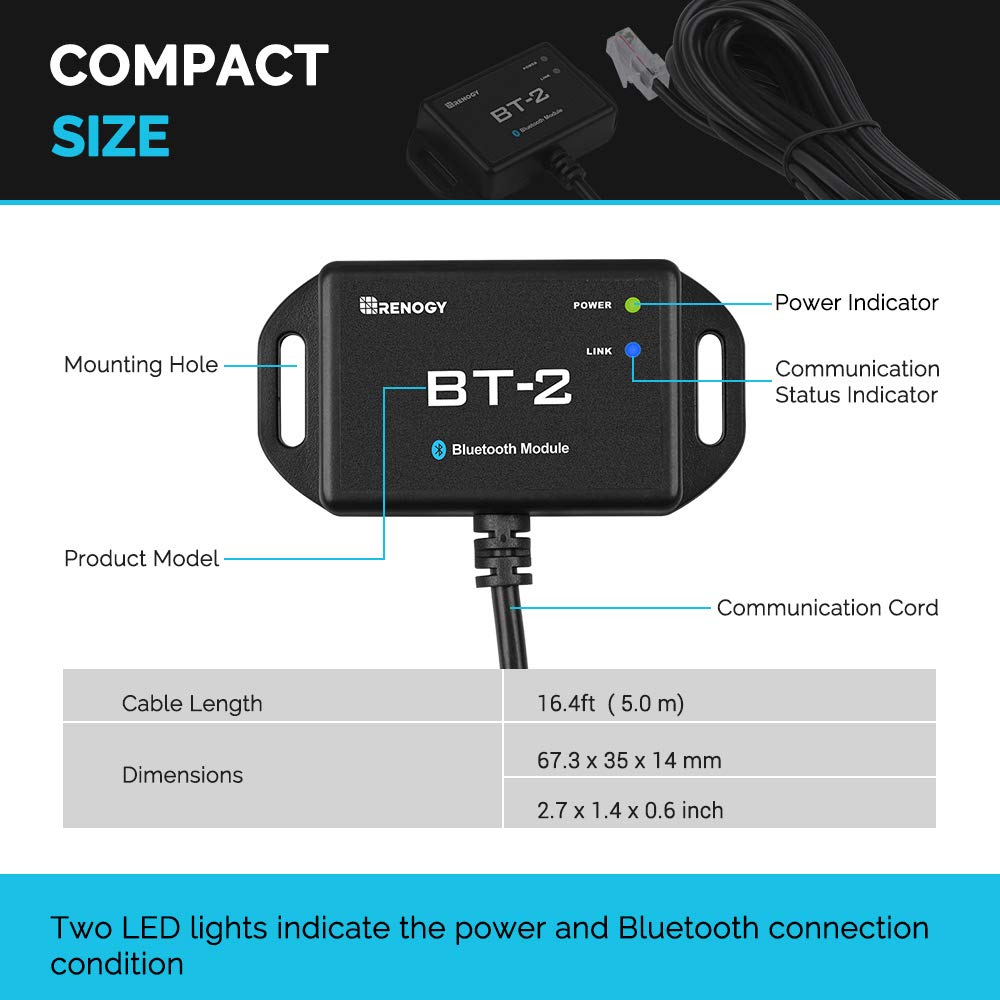 Renogy BT-2 Bluetooth Module RJ45 Communication Port Wirelessly Monitor Real-time Insight Precise Control, Compatible Solar Charge Controllers, Battery Charger, Inverter, BT-2 RS485 Renogy