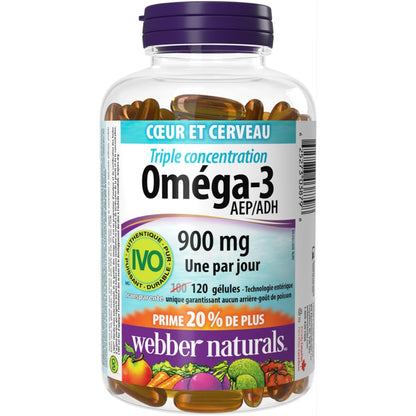 Webber Naturals Omega-3 900 mg Triple Strength, 120 Clear Enteric No Fishy Aftertaste Softgels, Supports Cardiovascular Health and Brain Function