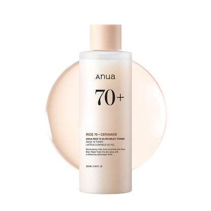 ANUA Rice 70 Glow Milky Toner 8.45 fl oz (250ml) - Hydrating and Brightening Face Toner with Rice Water, Niacinamide, Ceramides, Panthenol, Fragrance-Free, Non-Comedogenic, Suitable for All Skin Types, Korean Skincare ANUA