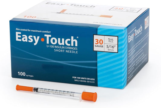 Easy Touch 30 Gauge U-100 Insulin Syringes (30G 0.5cc 1/2”) with 1/2” Long Needle, 0.5cc (50 Unit Capacity), Bold Markings for Accurate Dosing, Disposable, Box of 100