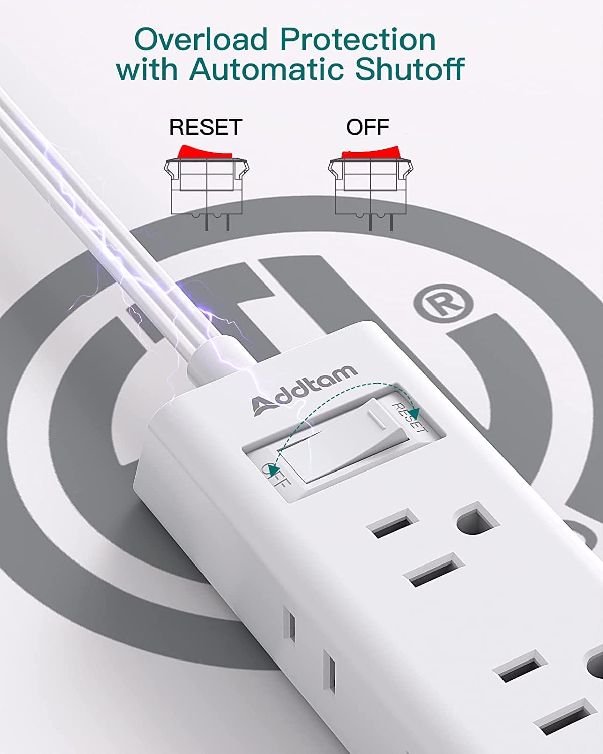 Travel Essentials - Flat Plug Power Bar, Addtam 5 ft Ultra Flat Extension Cord with 6 Outlets Extender, Multi Plug Outlet with No Surge Protector for Cruise Ship, Dorm Room, Home and Office Essentials