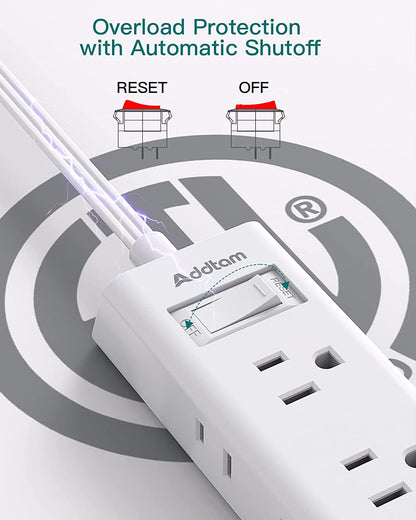 Travel Essentials - Flat Plug Power Bar, Addtam 5 ft Ultra Flat Extension Cord with 6 Outlets Extender, Multi Plug Outlet with No Surge Protector for Cruise Ship, Dorm Room, Home and Office Essentials