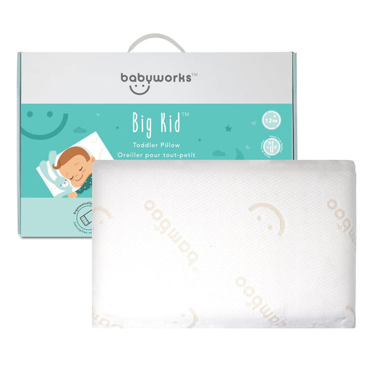 Baby Works Toddler Pillow - Soft, Supportive and Breathable Memory Foam with Hypoallergenic Bamboo Cover, Chiropractor Recommended, Washable and Removable Cover, Perfect for Cribs, Ages 12m+