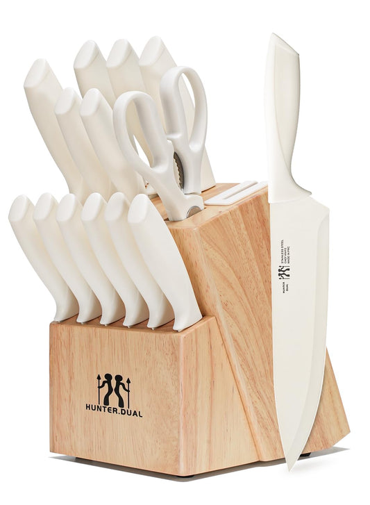 HUNTER.DUAL Knife Set, Dishwasher Safe Kitchen Knife Set with Block, 15 Pcs Cream Kitchen Knife Sets with Block Self Sharpening, 6 Steak Knives (Cream)