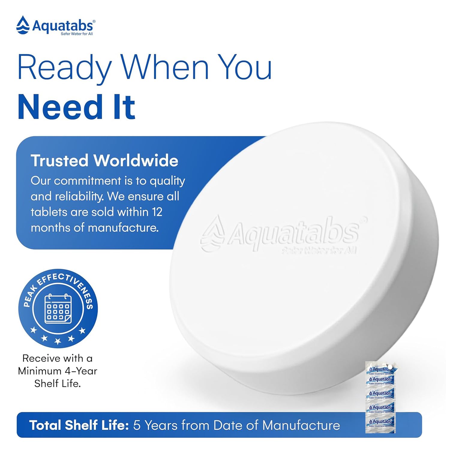 Aquatabs 49mg Water Treatment Tablets for 1L, 100-Tabs Value Pack (Plain Label) - Emergency Preparedness & Survival - Iodine & Chlorite-Free, NSF/ANSI/CAN 60
