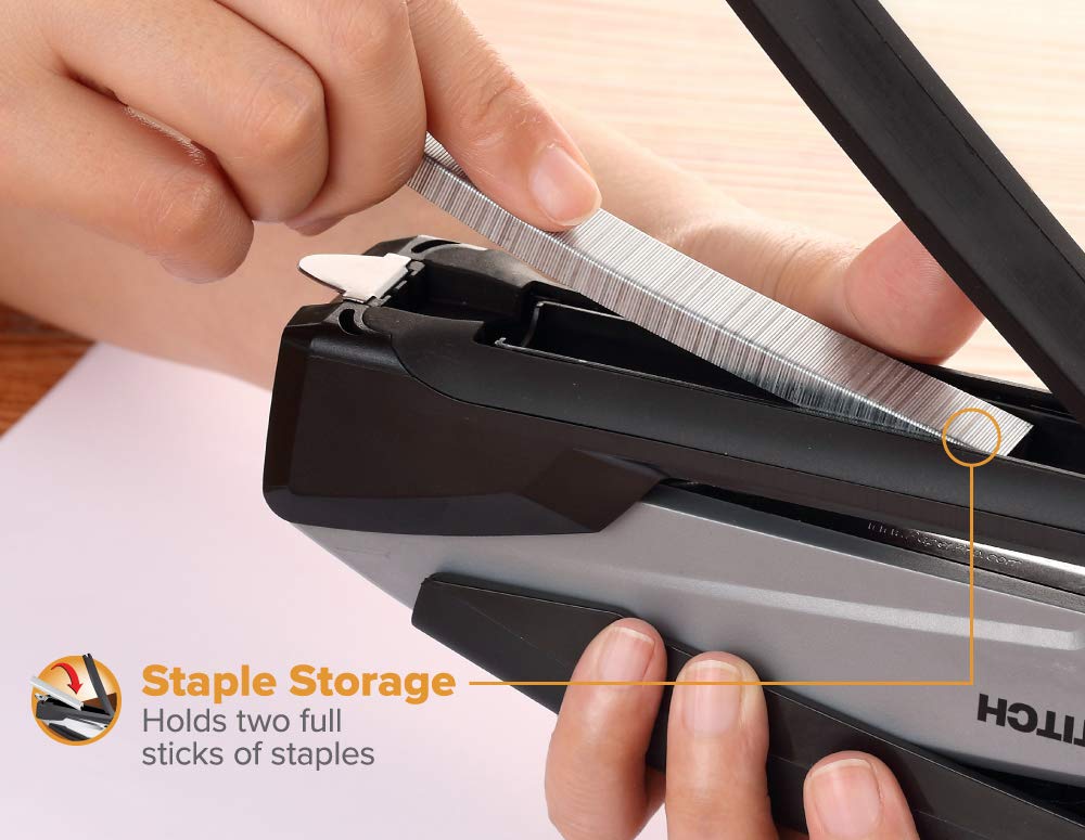 Bostitch Office Executive 3 in 1 Stapler, Includes 210 Staples and Integrated Staple Remover, One Finger Stapling, No Effort, 20 Sheet Capacity, Spring Powered Stapler, Black/Gray (INP20) Bostitch
