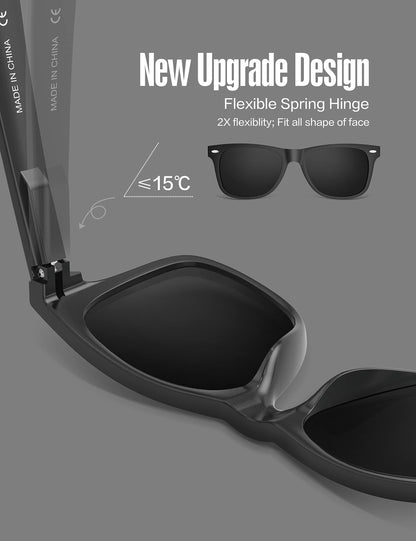 LUENX Polarized Sunglasses for Men Women UV400 Protection Non-mirrored Black Lens Matte Black Square Frame 54MM