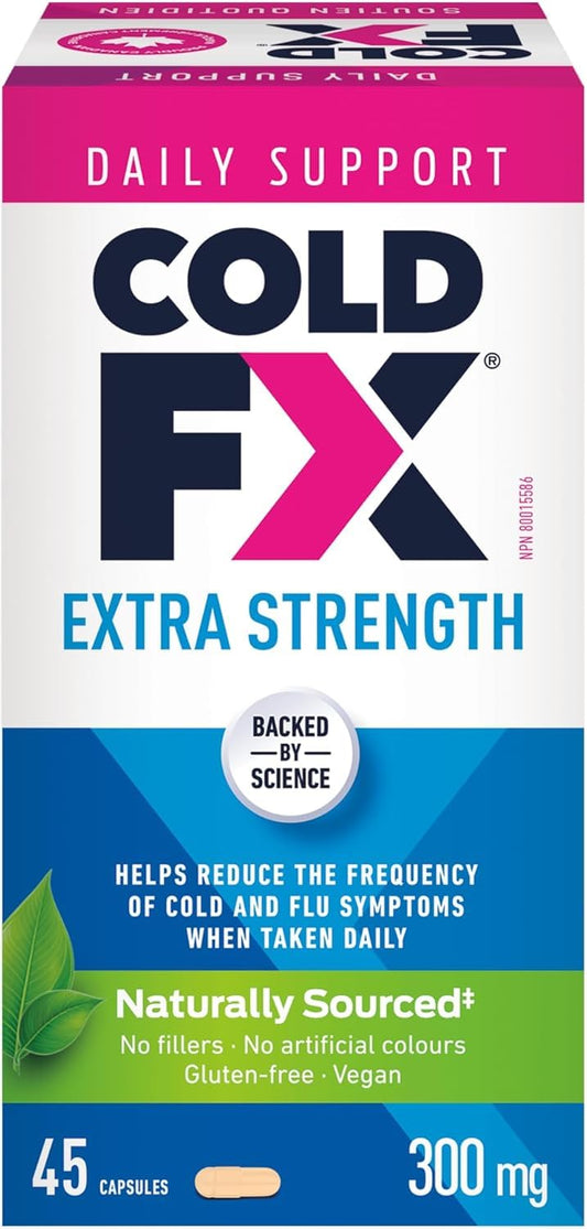COLD-FX Extra Strength, Helps reduce the frequency of Cold and Flu Symptoms when taken daily, Formula contains uniquely derived extract from North American Ginseng, 50% more active ingredient compared to COLD-FX Daily Support Regular Strength, 45 Vegan Ca - Available at All In One Marketplace Canada