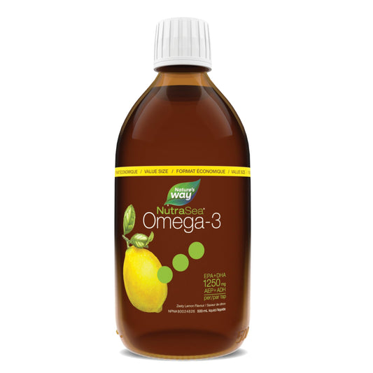 Nature's Way NutraSea Omega 3 Fish Oil Liquid Supplement – Zesty Lemon Flavour, Non-GMO – Heart & Brain Support – EPA & DHA, 500 mL