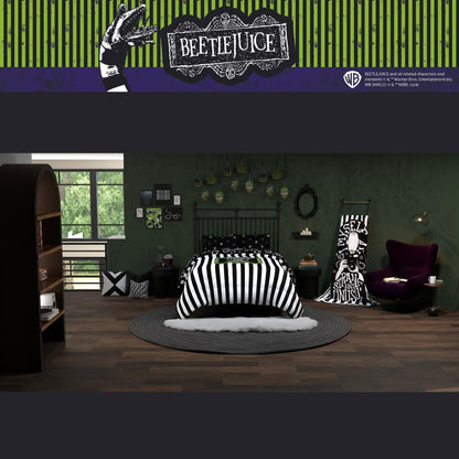 Franco Collectibles Beetlejuice Halloween Striped Bedding 5 Piece Super Soft Reversible Comforter and Sheet Set, Full, (Officially Licensed Product)