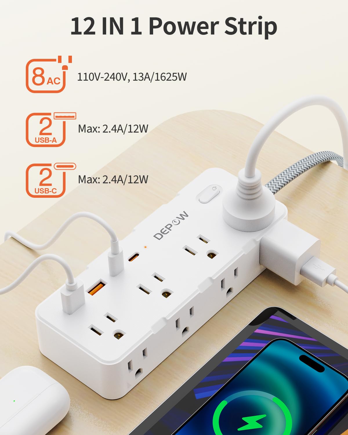 DEPOW Power Bar Surge Protector with 5FT Braided Flat Extension Cord, Wall Mount Charging Station with 8 Outlets 4 USB Ports(2 USB C), Ultra Thin Flat Plug for Home Office, Dorm, Hotel, Travel - Available at All In One Marketplace Canada