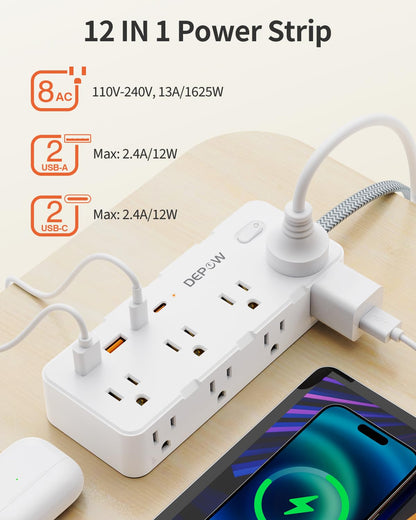 DEPOW Power Bar Surge Protector with 5FT Braided Flat Extension Cord, Wall Mount Charging Station with 8 Outlets 4 USB Ports(2 USB C), Ultra Thin Flat Plug for Home Office, Dorm, Hotel, Travel - Available at All In One Marketplace Canada