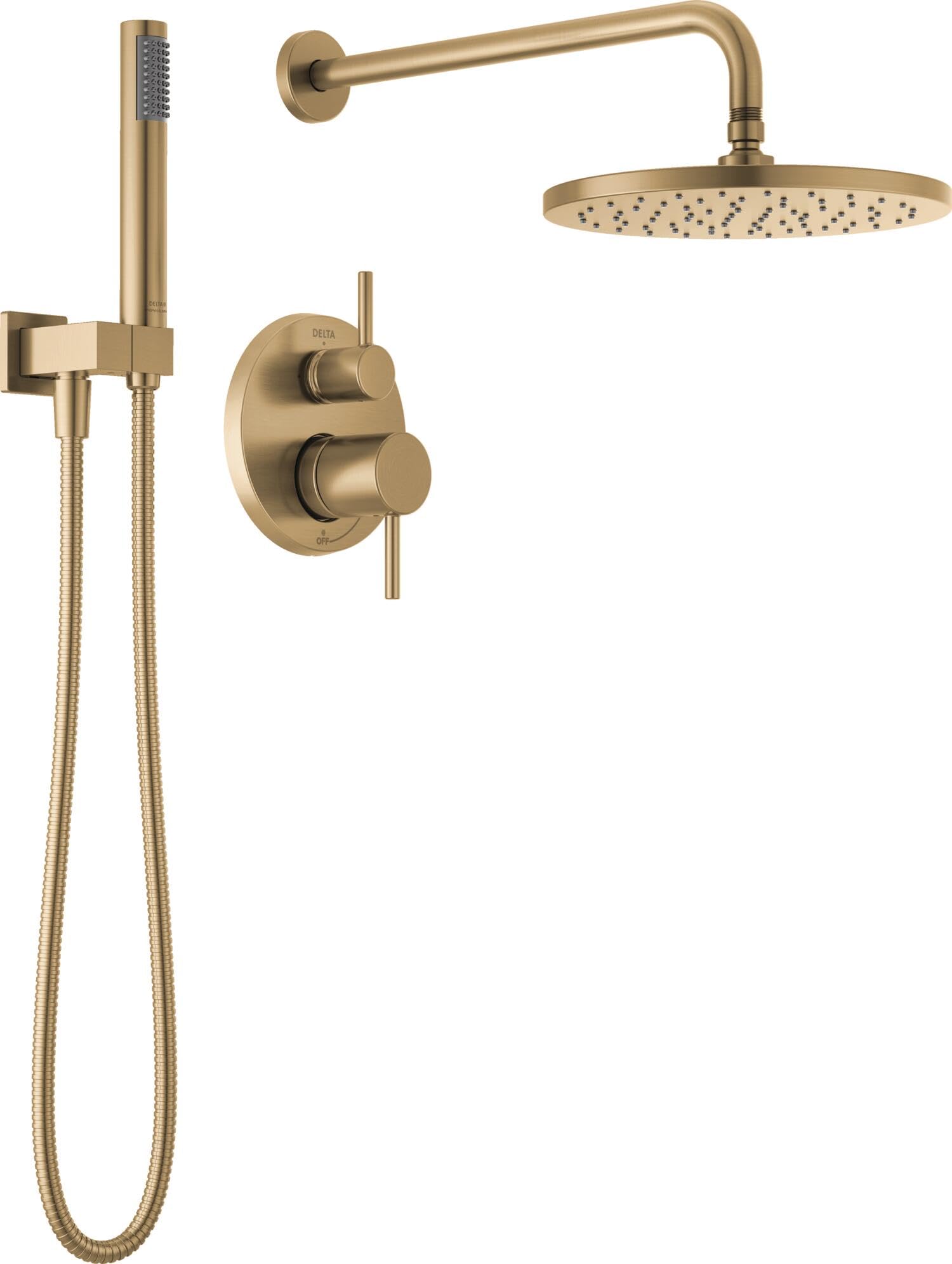 Delta Faucet Modern Raincan 2-Setting Round Shower System Including Rain Shower Head and Handheld Spray Gold, Rainfall Shower System Gold, Shower Valve and Trim Kit, Champagne Bronze 342702-CZ DELTA