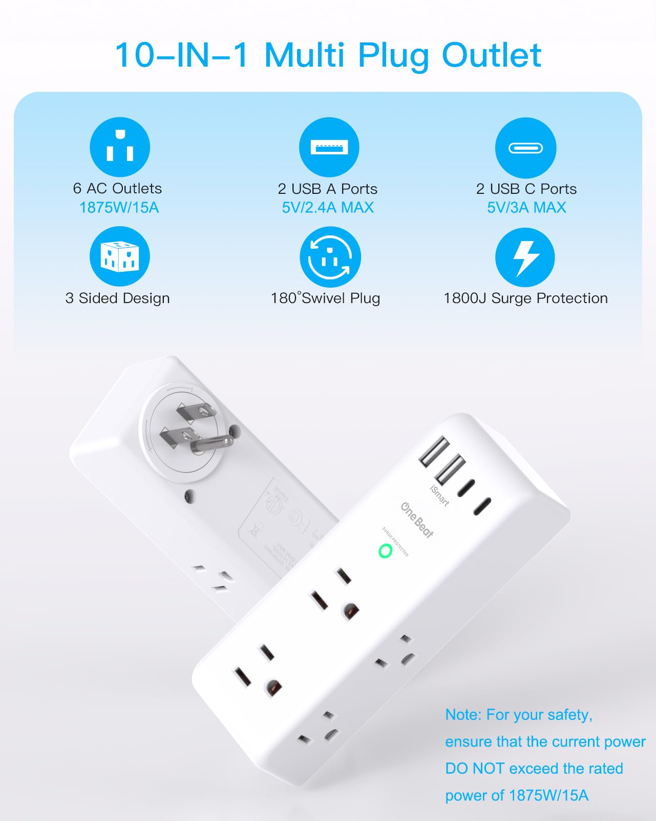 Surge Protector Outlet Extender - with Rotating Plug, 6 AC Multi Plug Outlet with 4 USB Ports (2 USB C), 1800 Joules, 3-Sided Swivel Power Bar with Spaced Splitter for Home, Office, Travel