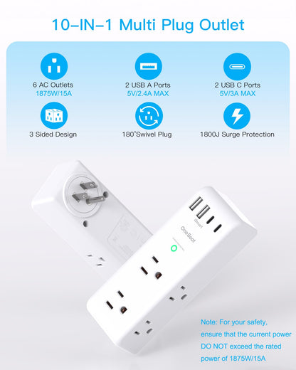 Surge Protector Outlet Extender - with Rotating Plug, 6 AC Multi Plug Outlet with 4 USB Ports (2 USB C), 1800 Joules, 3-Sided Swivel Power Bar with Spaced Splitter for Home, Office, Travel