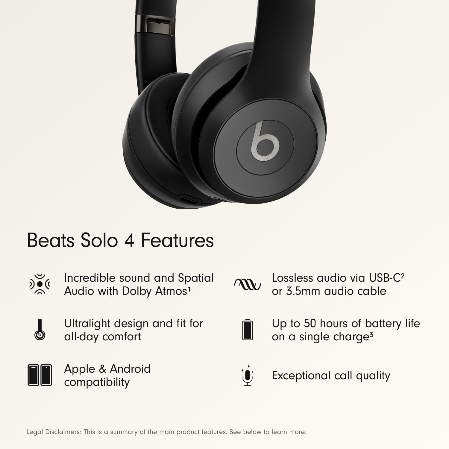 Beats Solo 4 - Wireless Bluetooth On-Ear Headphones, Apple & Android Compatible, Up to 50 Hours of Battery Life - Matte Black