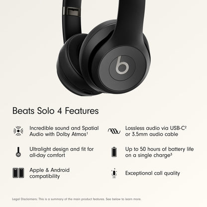 Beats Solo 4 - Wireless Bluetooth On-Ear Headphones, Apple & Android Compatible, Up to 50 Hours of Battery Life - Matte Black
