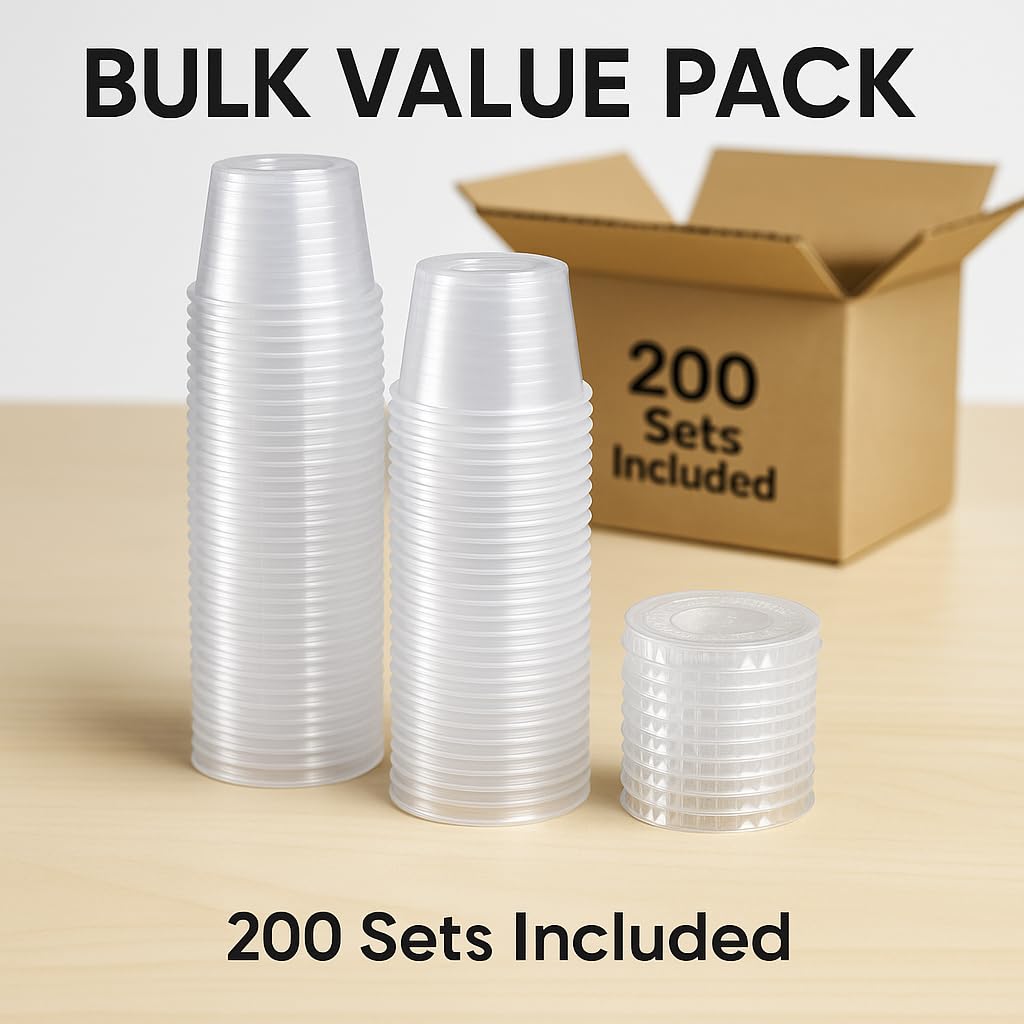 1 oz Portion Cups with Lids, 200 Sets Disposable Souffle Cups, Leak-Proof Jello Shot Cups, Clear Condiment Containers for Sauce, Dressing & Food Storage, Freezer Safe