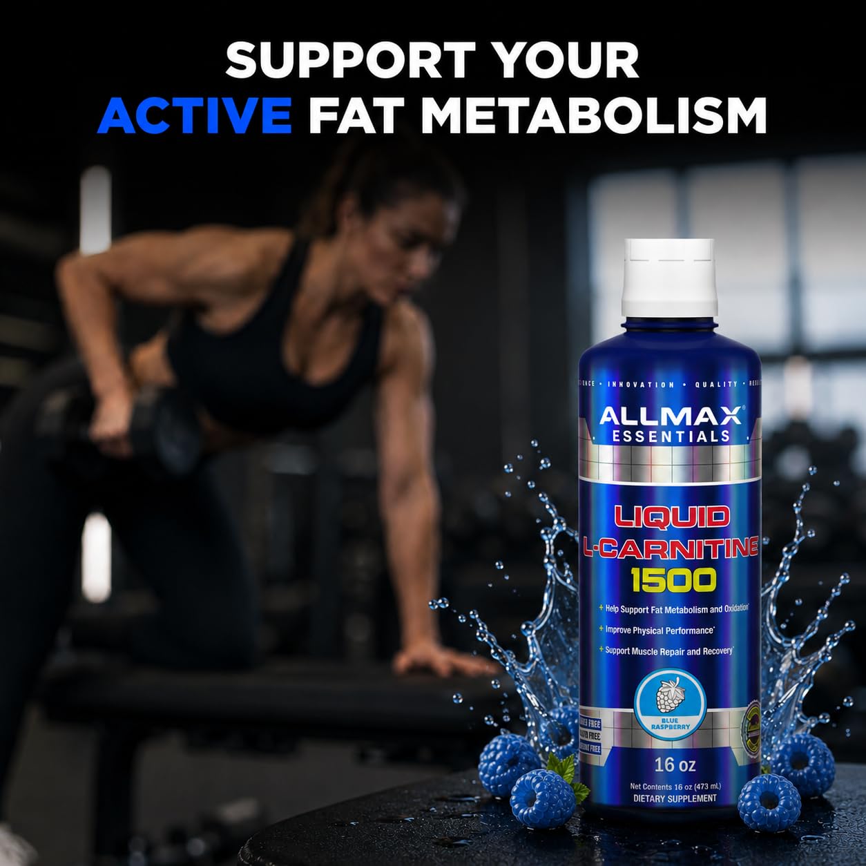 ALLMAX Nutrition Liquid L-Carnitine 1500 Miligrams, Blue Raspberry, 16 oz (473 ml) - Available at All In One Marketplace Canada