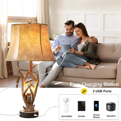 Dungoo Rustic Western Deer Table Lamps with Nightlight Set of 2, 26" Rustic Bedside Lamps for Bedroom with 2 USB Ports, Natural Antler Table Lamp for Christmas Living Room Gift Foyer Office 🍁 All In One Marketplace Canada